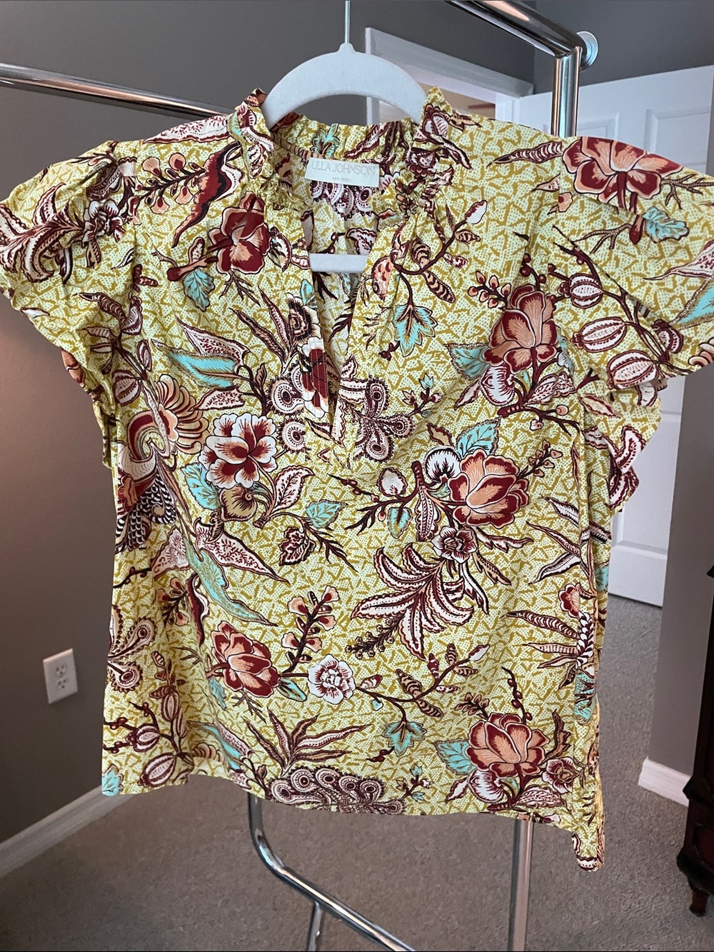 Ulla Johnson Yellow Floral Short-Sleeve Blouse with Multicolor Botanical Print